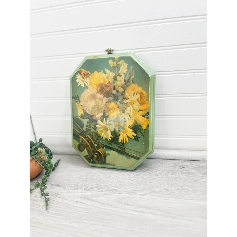 Vintage Floral Print on‎ Green Wood: Violin & Butterfly Art